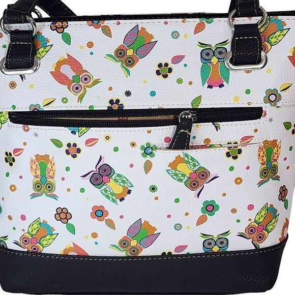 Stone Mountain Bonded Leather Printed Owls Megan Tote Shoulder Handbag 8 Pockets - Picture 9 of 12